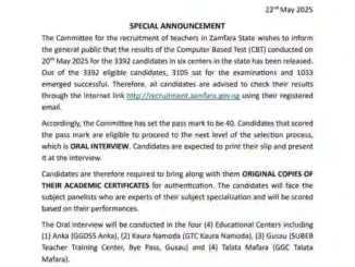 Zamfara State Teachers Recruitment CBT Result 2026