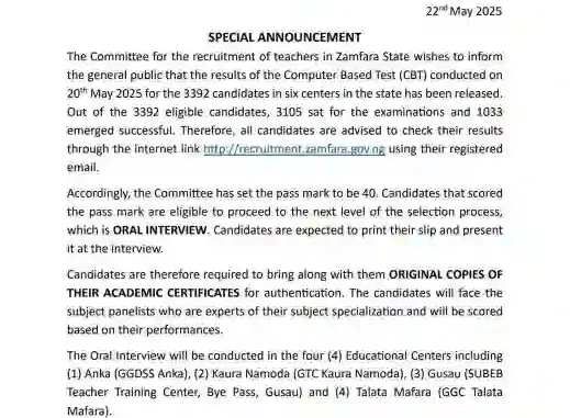 Zamfara State Teachers Recruitment CBT Result 2026